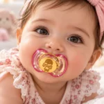 پستونک طلا دخترانه رنگ قرمز با حکاکی اسم و متن دلخواه خرید از گالری طلای مینیاتور minitala.com
